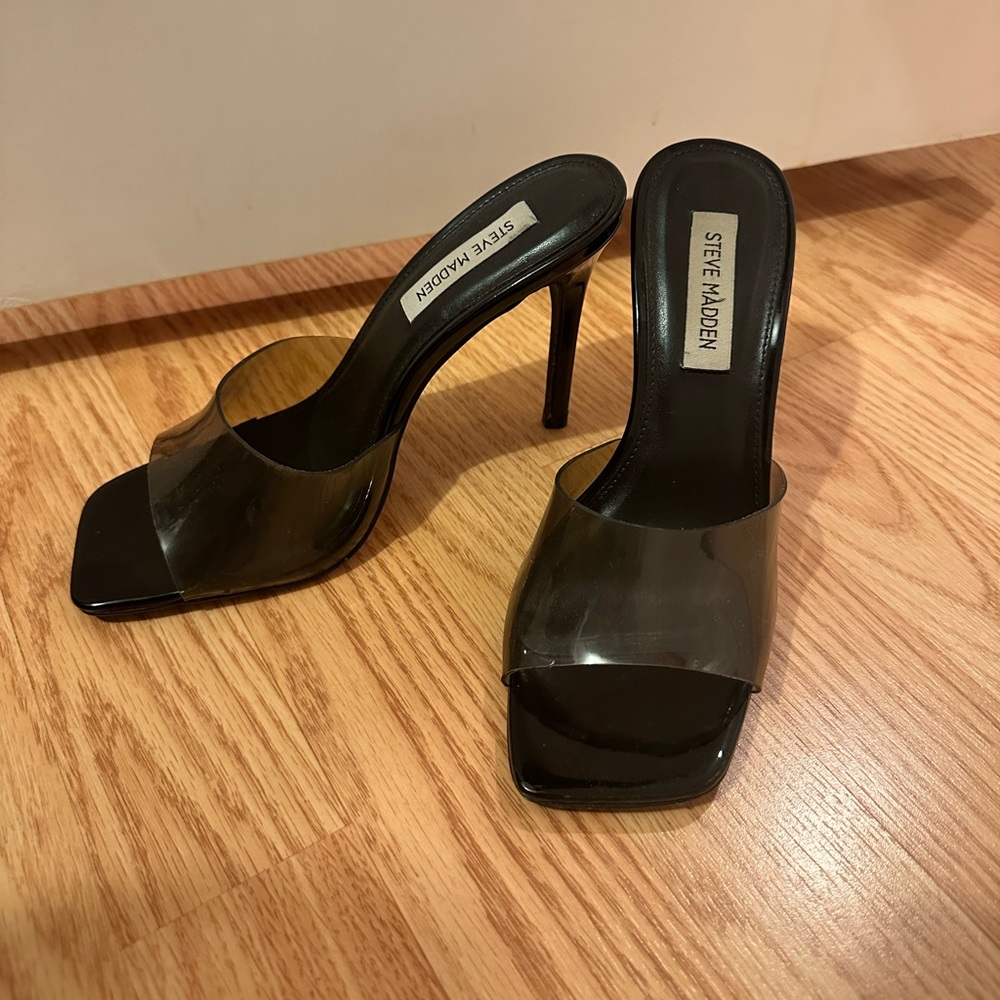 Steve Madden Black Patent Square Open Toe Mule High Stiletto Heeled